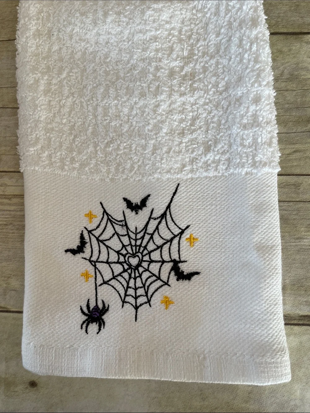 Crochet Top Halloween Spiders & Web Hanging Towel Double Thickness White
